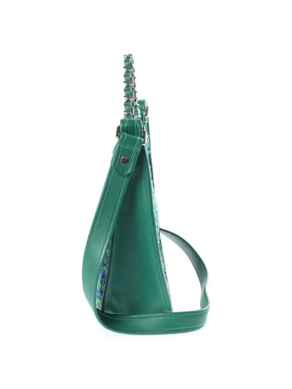 Chanel Quilted Hobo Shoulder Bag Tweed Leather Green Blue Silver